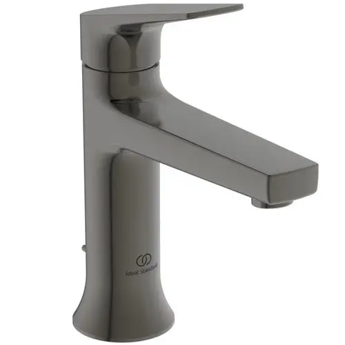 Waschtischarmatur in Metallic-Grau von Ideal Standard, mit einem schlanken Design und einer seitlichen Hebelsteuerung für die Wasserzufuhr.